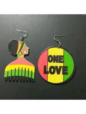 ONE Love Woman Afro African Wooden Yellow Green Red Black Statement Earrings